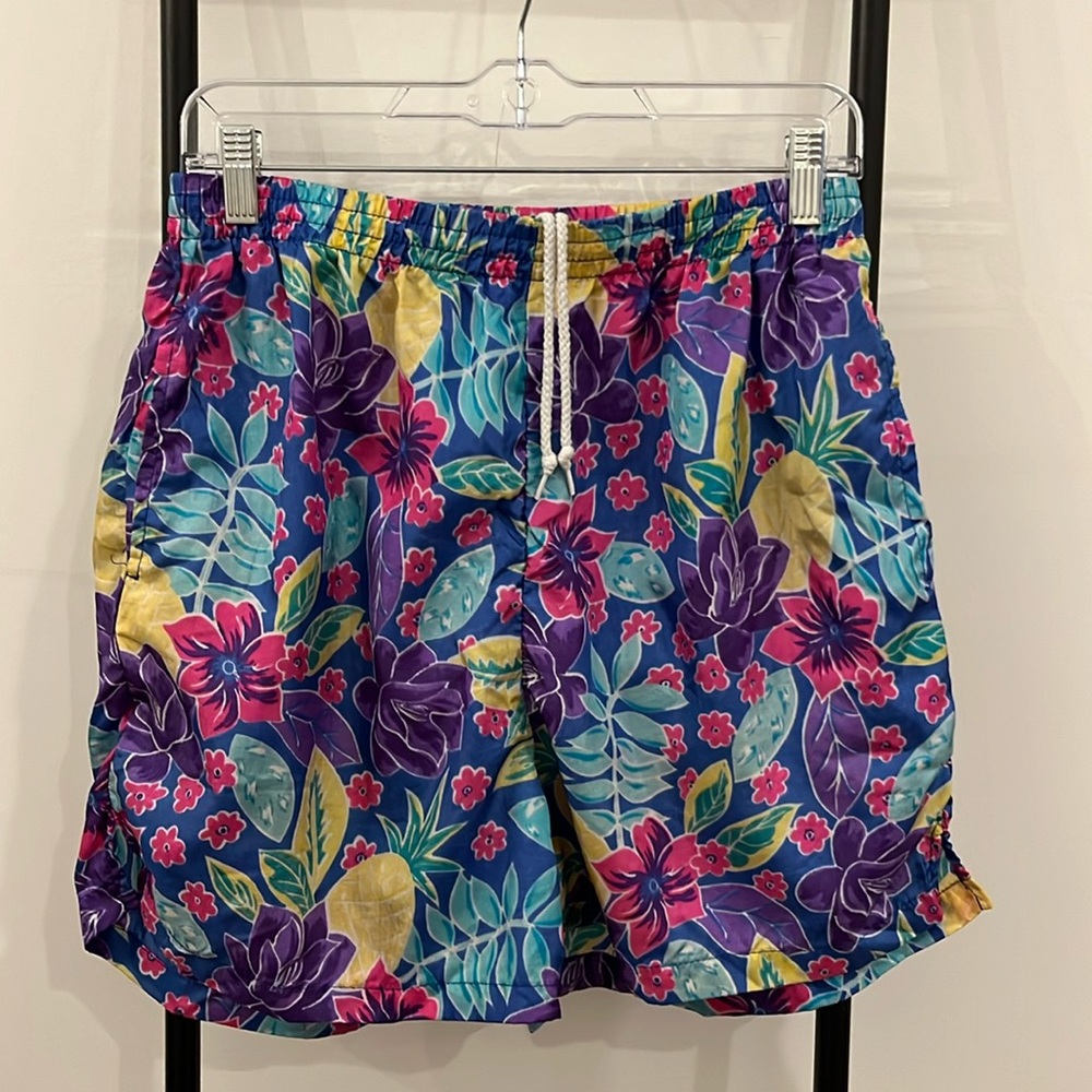 Vintage Bike Floral Elastic Waist Nylon Shorts Men Size M Y2K